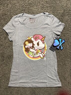 tokidoki Gray Short Sleeve Tee with Pink & Yellow Unicorn Graphic